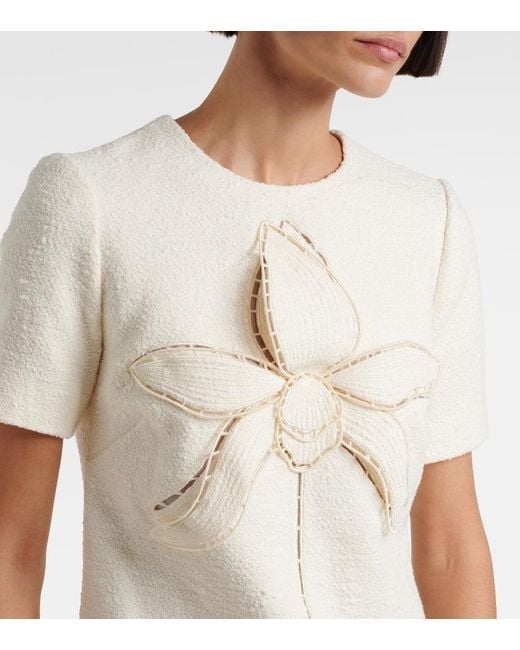 Oscar de la Renta Natural Orchid Embroidered Cotton Tweed Shift Dress