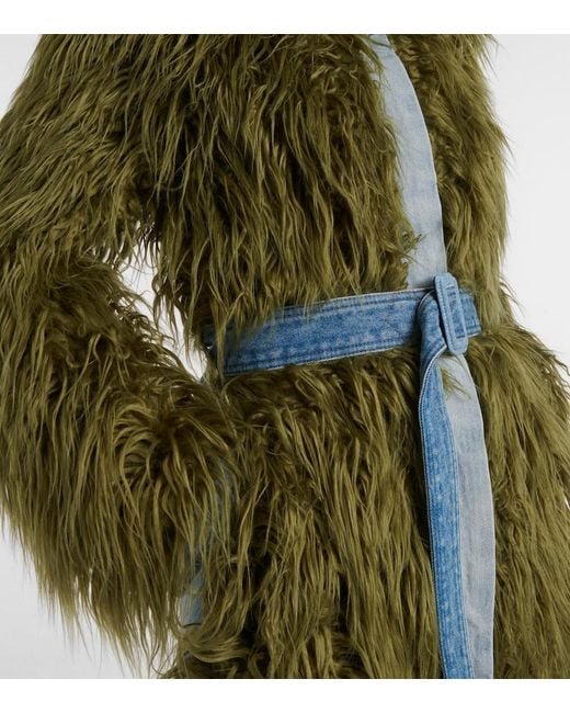 Dries Van Noten Green Rangel Faux Fur-Trimmed Denim Coat