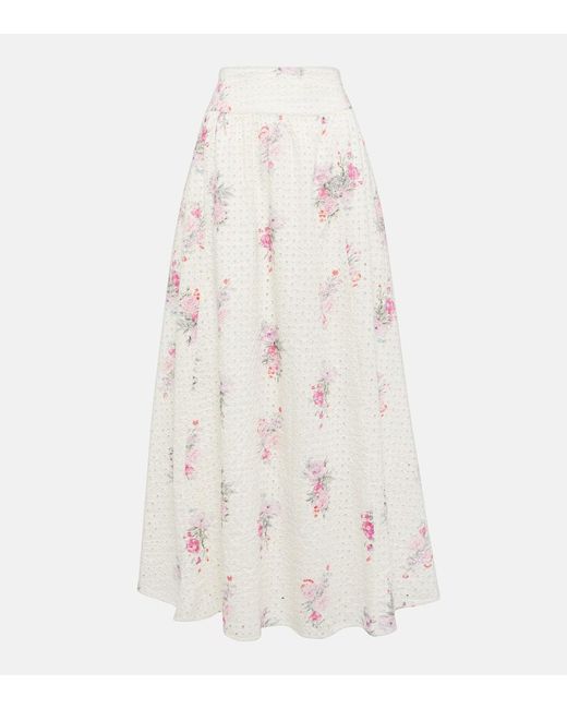 LoveShackFancy White Aventi Floral Cotton Maxi Skirt