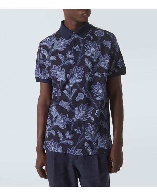 Etro Blue Printed Cotton Pique Polo Shirt for men