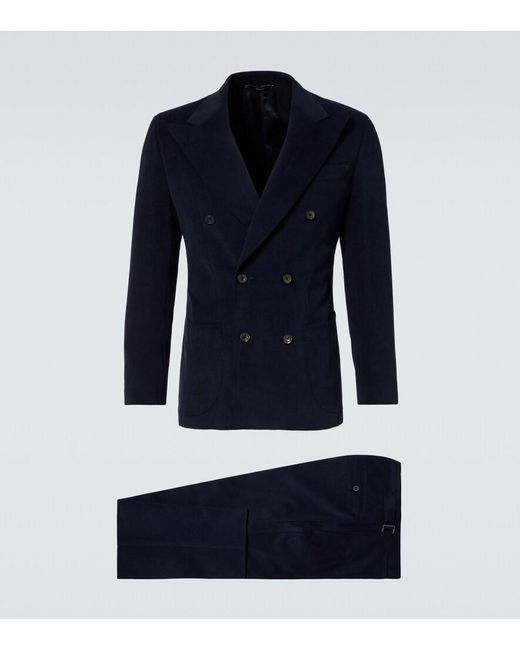 Thom Sweeney Blue Double-Breasted Brushed Cotton Suit for men
