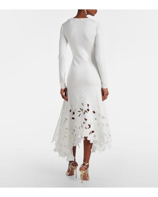 Oscar de la Renta White Lace-Trimmed Asymmetric Midi Dress