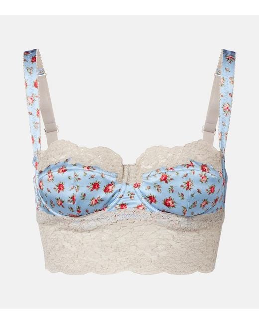 Dolce & Gabbana Blue Floral Lace-Trimmed Silk And Cotton Bra