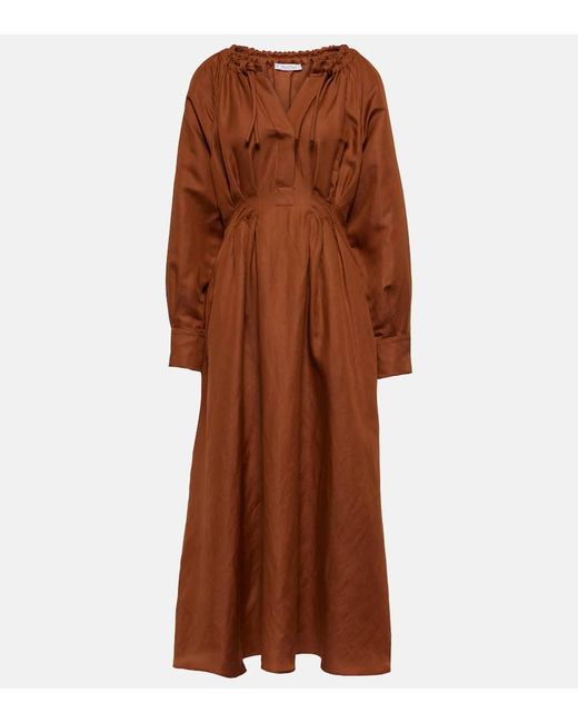Max Mara Brown Drina Linen And Silk Midi Dress