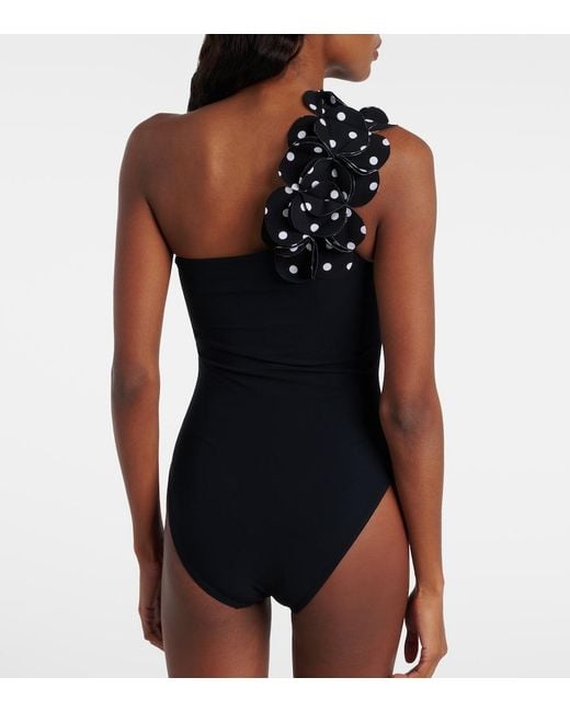 Karla Colletto Blue Aria Floral-Appliques One-Shoulder Swimsuit
