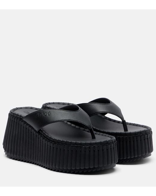 Chloé Black Nama Leather Platform Thong Sandals