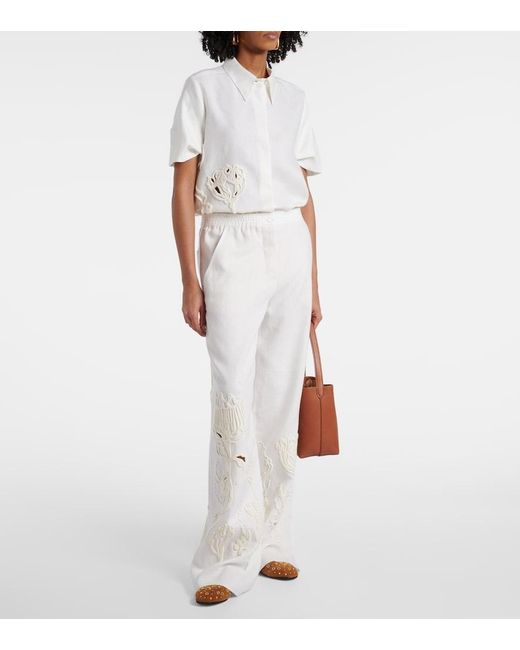 Dorothee Schumacher White Embroidered Beauty Linen Wide-Leg Pants