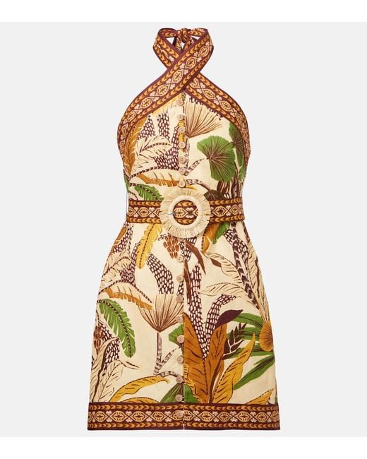 Farm Rio Metallic Minikleid Foliage Sketch Aus Leinen