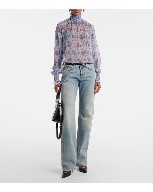 Dolce & Gabbana Blue Floral Ruffled Silk And Cotton Blouse