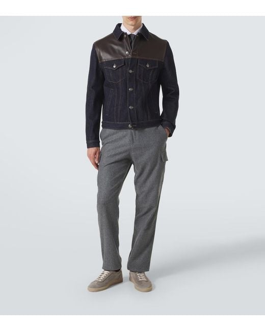 Brunello Cucinelli Blue Leather-Trimmed Denim Jacket for men