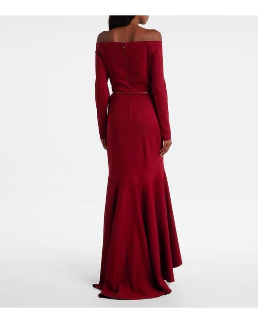 Elie Saab Red Belted Off-Shoulder Jersey Gown