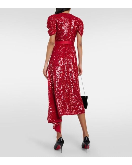 Erdem Red Asymmetric Sequined Midi Dress