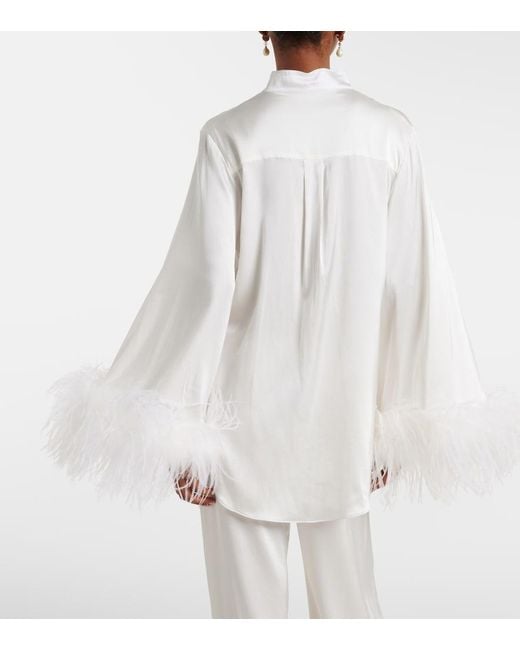 Oseree White Bridal Feather-Trimmed Satin Shirt