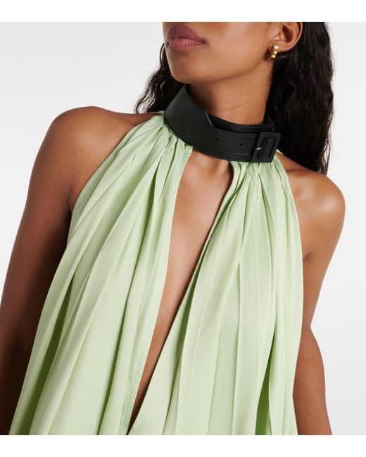 Ferragamo Green Faux Leather-trimmed Pleated Gown