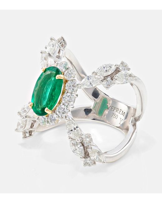 YEPREM Multicolor Reign Supreme 18kt White Gold Ring With Diamonds And Emeralds