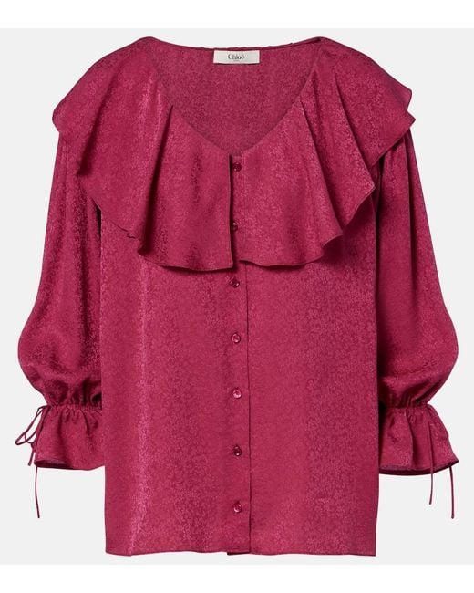 Chloé Pink Ruffled Silk Jacquard Blouse