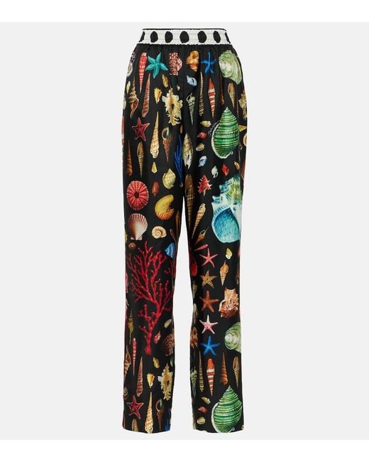 Dolce & Gabbana Black Capri Printed Silk Satin Pants