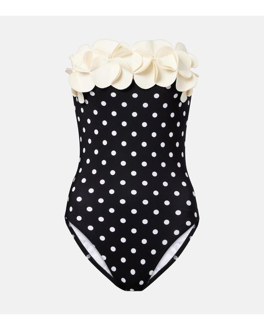 Karla Colletto Black Floral-Applique Polka-Dot Swimsuit
