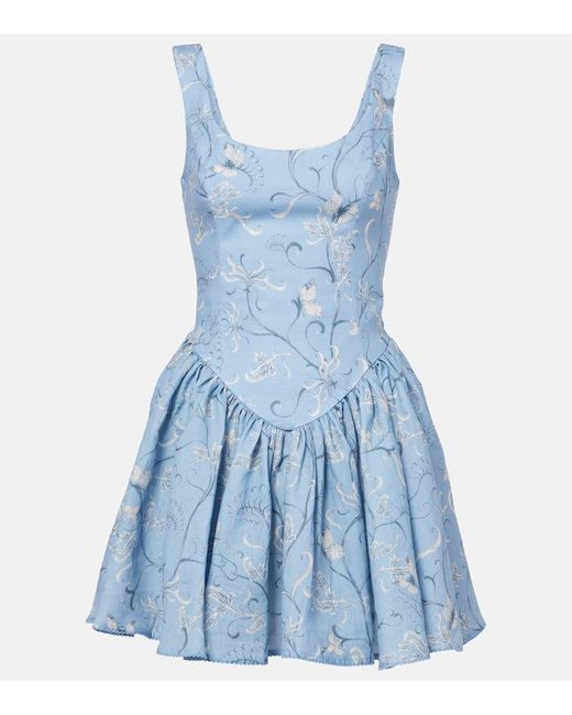 Agua Bendita Blue Pluma Lymanopoda Applique Linen Minidress