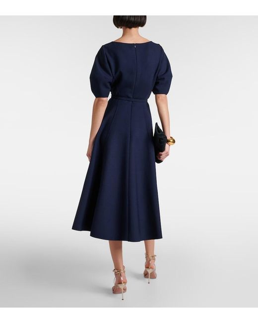 Oscar de la Renta Blue Puff-Sleeve Wool-Blend Midi Dress