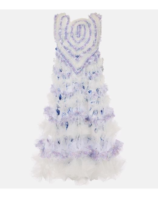 SUSAN FANG Blue Embellished Ruffled Tulle Midi Dress