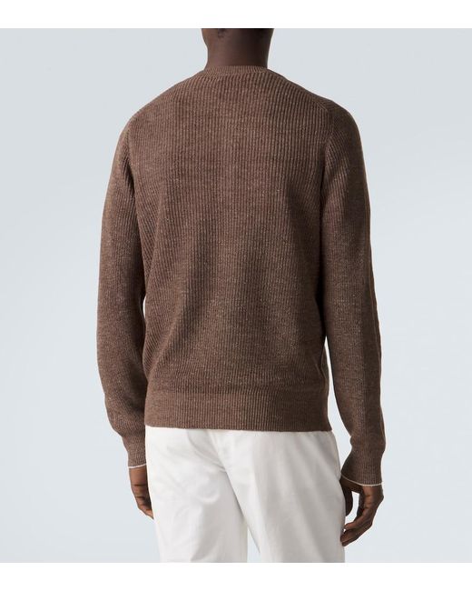 Brunello Cucinelli Brown Ribbed-Knit Linen And Cotton Polo Sweater for men