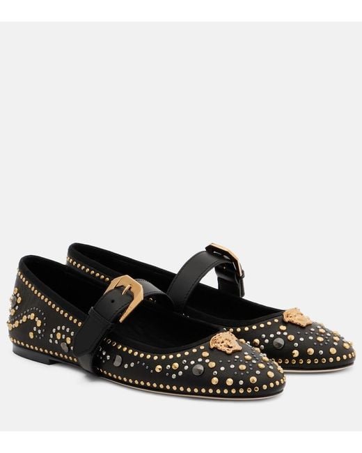 Versace Black La Medusa Leather Mary Jane Flats