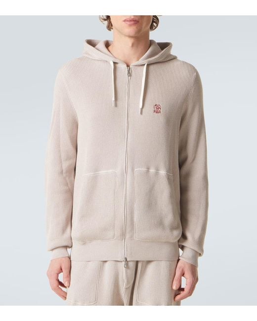 Brunello Cucinelli Pink Logo Ribbed-Knit Cotton Zip-Up Hoodie for men