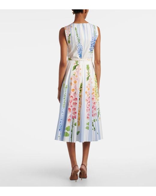 Oscar de la Renta Blue Floral Trompe L'Oil Cotton-Blend Midi Dress
