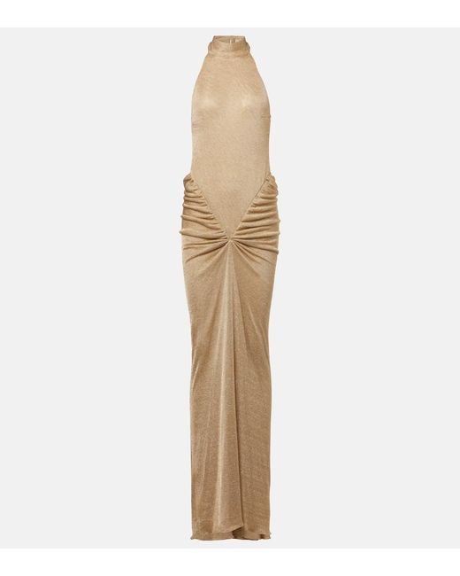 The New Arrivals Ilkyaz Ozel Natural Cass Ruched Halterneck Lame Gown
