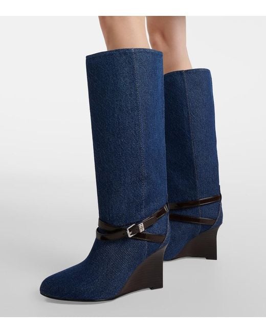 Ganni Blue Kat Denim Knee-High Wedge Boots
