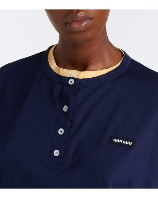 Miu Miu Blue Layered Cotton Jersey Henley Shirt