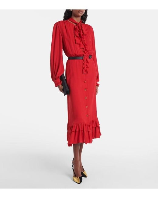 Valentino Red Ruffled Silk Georgette Midi Dress