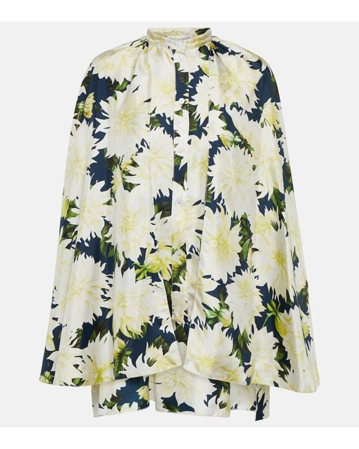 Oscar de la Renta Green Floral Cotton-Blend Blouse