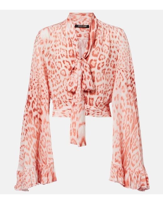 Roberto Cavalli Pink Leopard-Print Tie-Neck Jersey Blouse