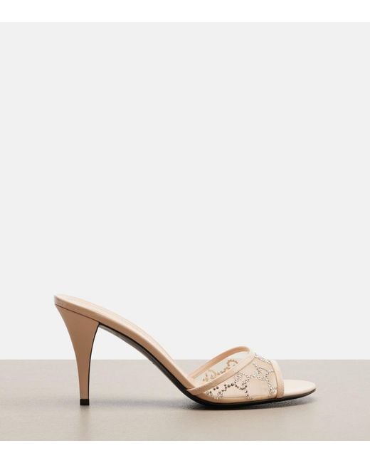 Gucci Natural Erin Gg Embellished Leather-Trimmed Mules