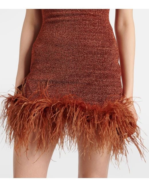 Oseree Brown Lumiere Plumage Feather-Trimmed Minidress
