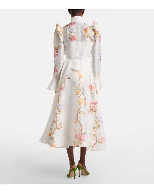LEO LIN White Selina Floral Ruffled Linen-Blend Midi Dress
