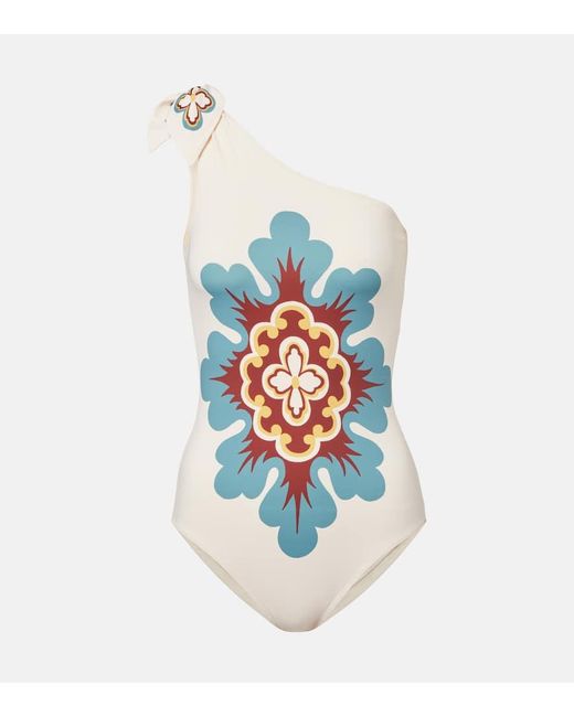 LaDoubleJ White Goddess Printed One-Shoulder Swimsuit