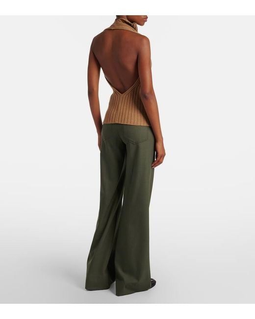 Victoria Beckham Brown Draped Ribbed-Knit Wool-Blend Top