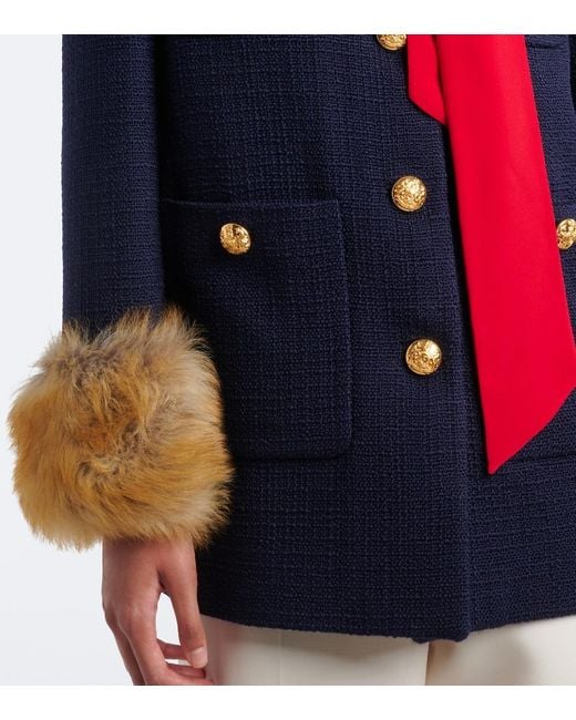 Valentino Blue Shearling-Trimmed Wool-Blend Tweed Jacket