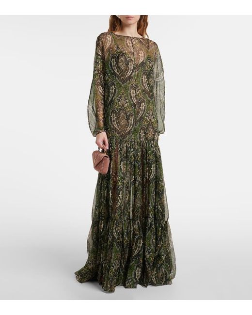 Vestido Largo De Crepon De Seda Con Paisley Saint Laurent de color Green