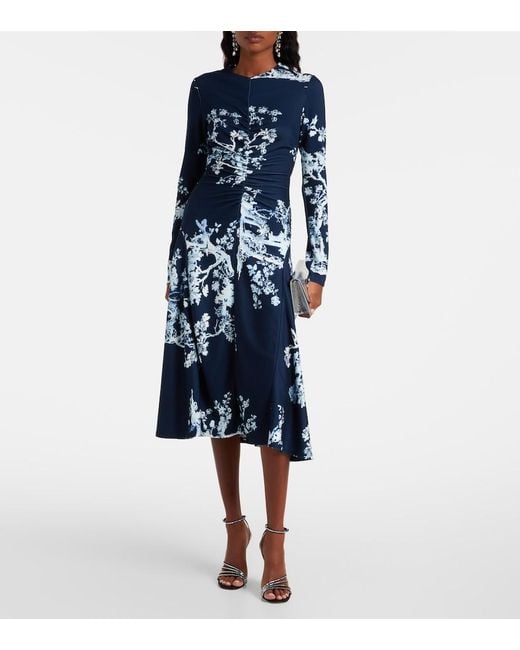 Erdem Blue Gathered Floral Print Jersey Midi Dress