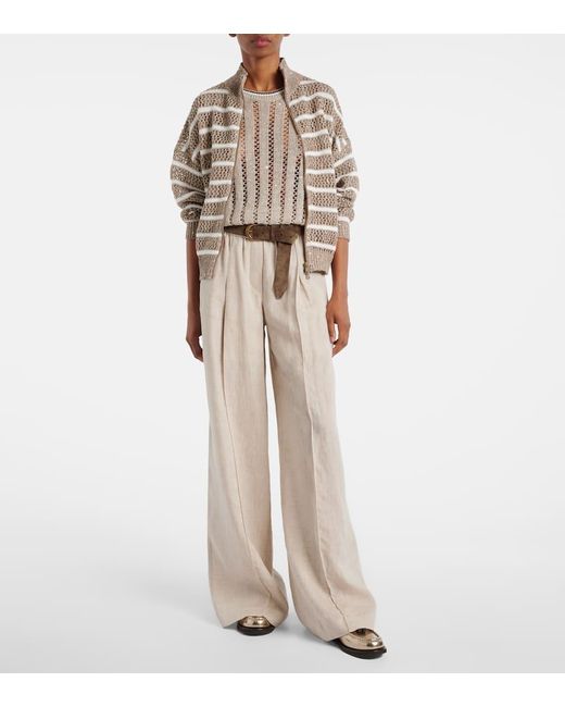 Cardigan En Mezcla De Lino A Rayas Brunello Cucinelli de color Natural