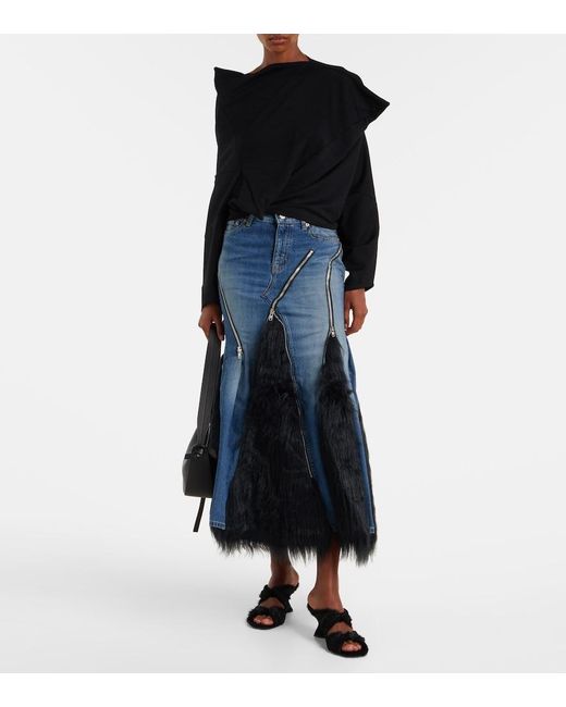 Junya Watanabe Blue Low-Rise Denim Maxi Skirt