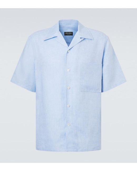 Zegna Blue Linen Bowling Shirt for men