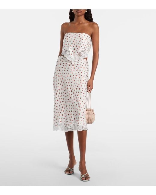 Posse White Fae Lace-Trimmed Printed Midi Skirt