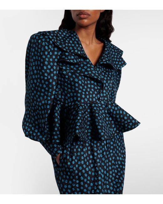 Chloé Blue Polka-Dot Peplum Silk Jacquard Blouse