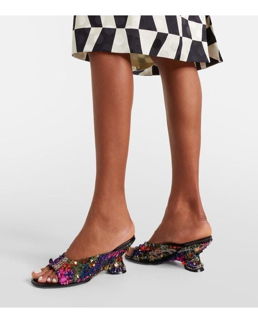 Dries Van Noten Blue 75 Sequined Leather Wedge Mules