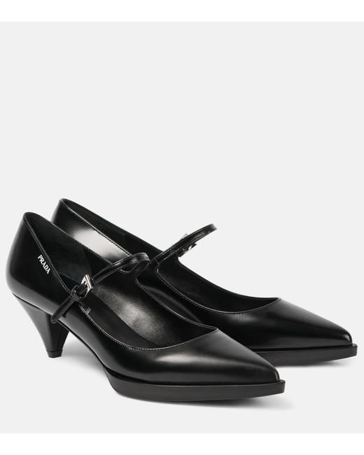 Prada Black Logo Brushed Leather Mary Jane Pumps